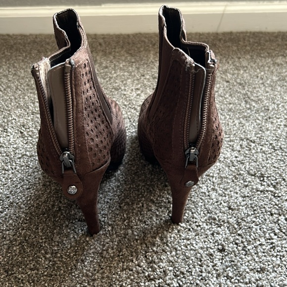Soft brown booties with an open toe, 3”heel.  Worn once - Picture 6 of 6